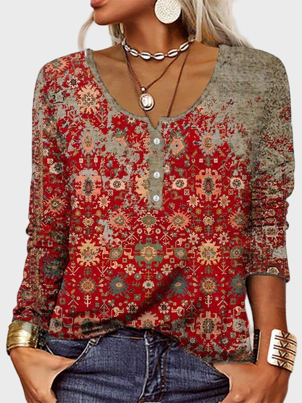 Boho Red Printed Long Sleeve Top