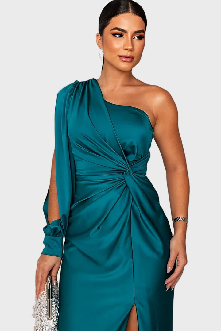 Emerald Allure One-Shoulder Satin Dress